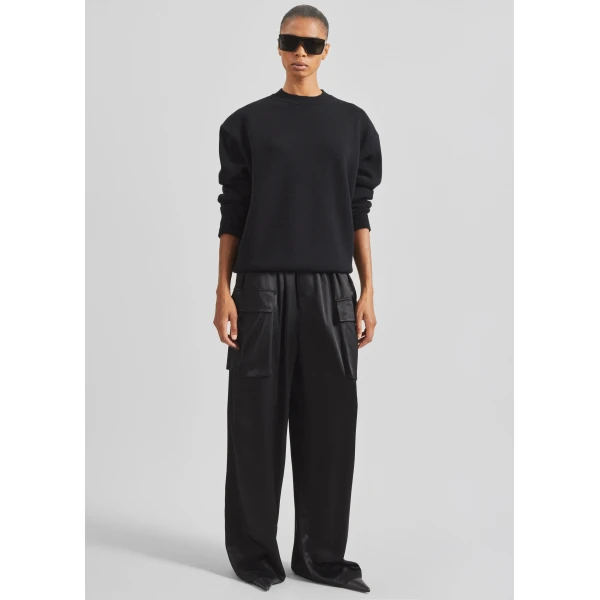 The Frankie Shop Delny Satin Cargo Pants - Black - Oversized Minimalist Pants in Black - Shop at Luxury Shoes 