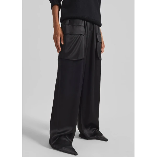 The Frankie Shop Delny Satin Cargo Pants - Black - Oversized Minimalist Pants in Black - Shop at Luxury Shoes 