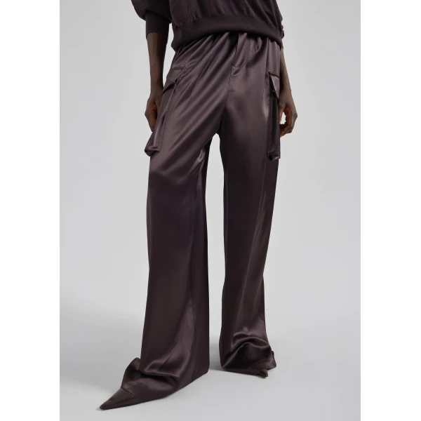 The Frankie Shop Delny Satin Cargo Pants - Dark Brown - Oversized Minimalist Pants in Brown - Shop at Luxury Shoes 