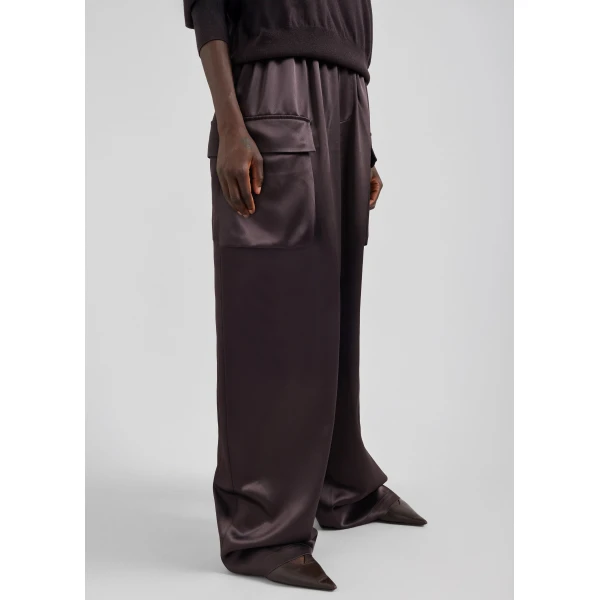The Frankie Shop Delny Satin Cargo Pants - Dark Brown - Oversized Minimalist Pants in Brown - Shop at Luxury Shoes 