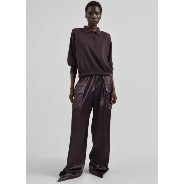 The Frankie Shop Delny Satin Cargo Pants - Dark Brown - Oversized Minimalist Pants in Brown - Shop at Luxury Shoes 