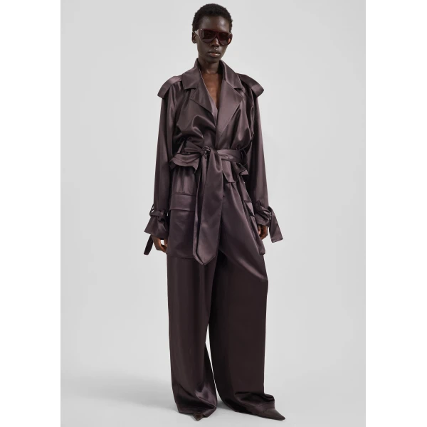 The Frankie Shop Delny Satin Cargo Pants - Dark Brown - Oversized Minimalist Pants in Brown - Shop at Luxury Shoes 