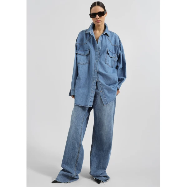 The Frankie Shop Desona Denim Shirt - Medium Wash - Oversized Minimalist Tops in Blue - Shop at Luxury Shoes 