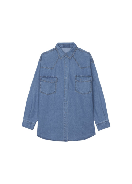 The Frankie Shop Desona Denim Shirt - Medium Wash - Oversized Minimalist Tops in Blue - Shop at Luxury Shoes 