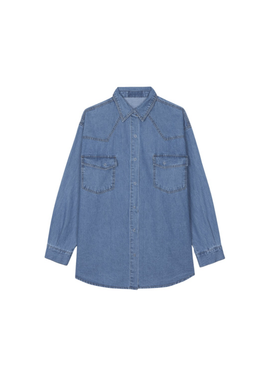 The Frankie Shop Desona Denim Shirt - Medium Wash - Oversized Minimalist Tops in Blue - Shop at Luxury Shoes 