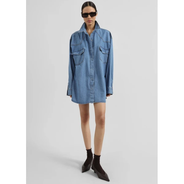 The Frankie Shop Desona Denim Shirt - Medium Wash - Oversized Minimalist Tops in Blue - Shop at Luxury Shoes 