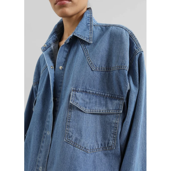 The Frankie Shop Desona Denim Shirt - Medium Wash - Oversized Minimalist Tops in Blue - Shop at Luxury Shoes 