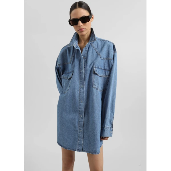 The Frankie Shop Desona Denim Shirt - Medium Wash - Oversized Minimalist Tops in Blue - Shop at Luxury Shoes 