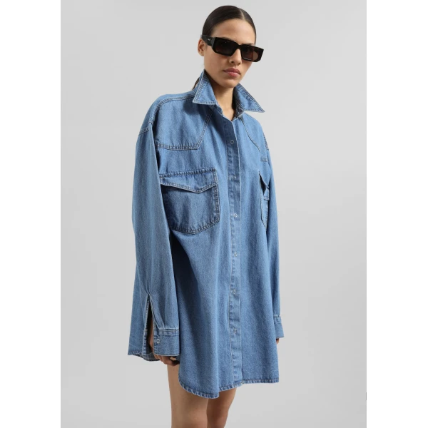 The Frankie Shop Desona Denim Shirt - Medium Wash - Oversized Minimalist Tops in Blue - Shop at Luxury Shoes 