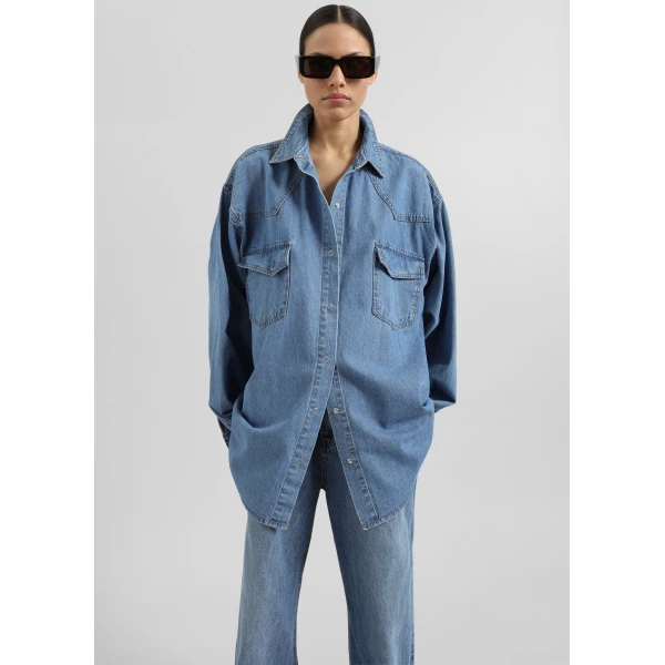 The Frankie Shop Desona Denim Shirt - Medium Wash - Oversized Minimalist Tops in Blue - Shop at Luxury Shoes 
