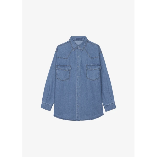 The Frankie Shop Desona Denim Shirt - Medium Wash - Oversized Minimalist Tops in Blue - Shop at Luxury Shoes 