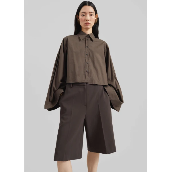 The Frankie Shop Dharoi Adjustable Sleeve Layered Shirt - Brown - Oversized Minimalist Tops in Brown - Shop at Luxury Shoes 