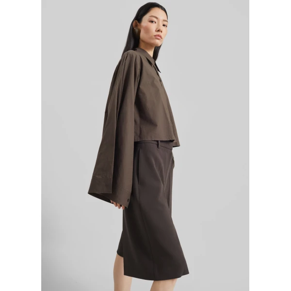 The Frankie Shop Dharoi Adjustable Sleeve Layered Shirt - Brown - Oversized Minimalist Tops in Brown - Shop at Luxury Shoes 