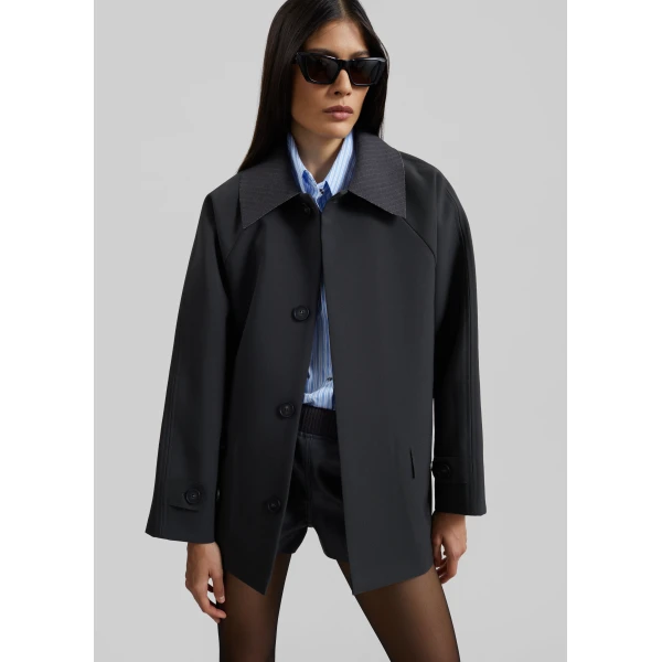 The Frankie Shop Ebbe Contrast Collar Boxy Jacket - Charcoal - Oversized Minimalist Jackets in Blue - Shop at Luxury Shoes 