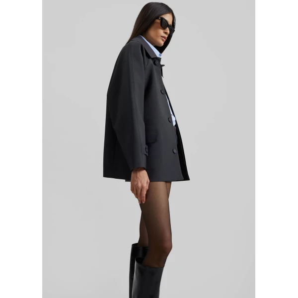 The Frankie Shop Ebbe Contrast Collar Boxy Jacket - Charcoal - Oversized Minimalist Jackets in Blue - Shop at Luxury Shoes 