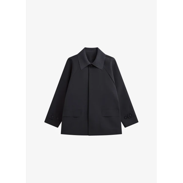 The Frankie Shop Ebbe Contrast Collar Boxy Jacket - Charcoal - Oversized Minimalist Jackets in Blue - Shop at Luxury Shoes 