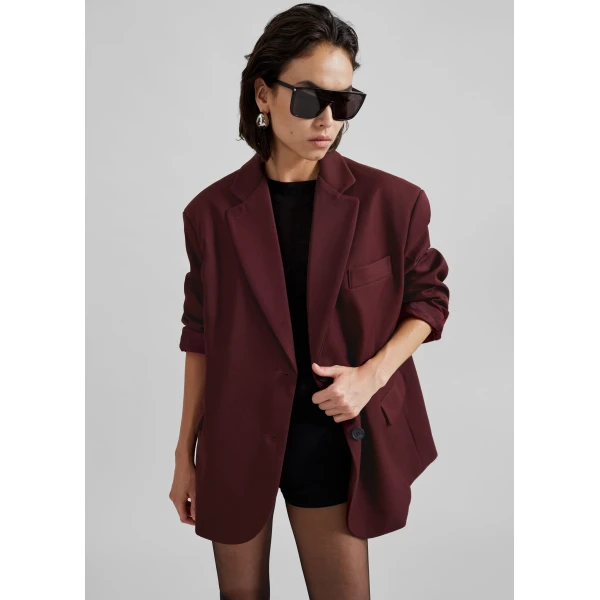 The Frankie Shop Frankie Oversized Boyfriend Blazer - Burgundy - Oversized Minimalist Jackets in Red - Shop at Luxury Shoes 