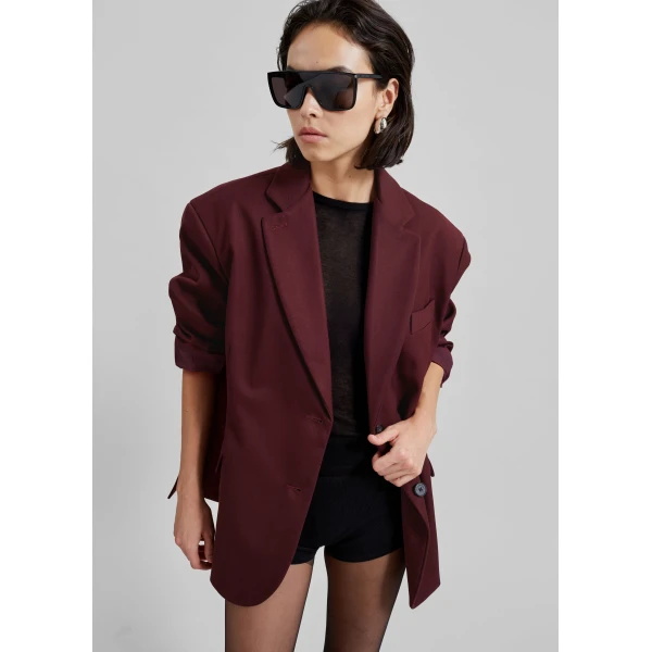 The Frankie Shop Frankie Oversized Boyfriend Blazer - Burgundy - Oversized Minimalist Jackets in Red - Shop at Luxury Shoes 