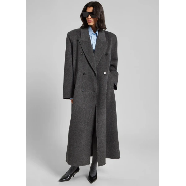 The Frankie Shop Gaia Double Breasted Coat - Dark Grey Melange - Oversized Minimalist Coats in Grey - Shop at Luxury Shoes 