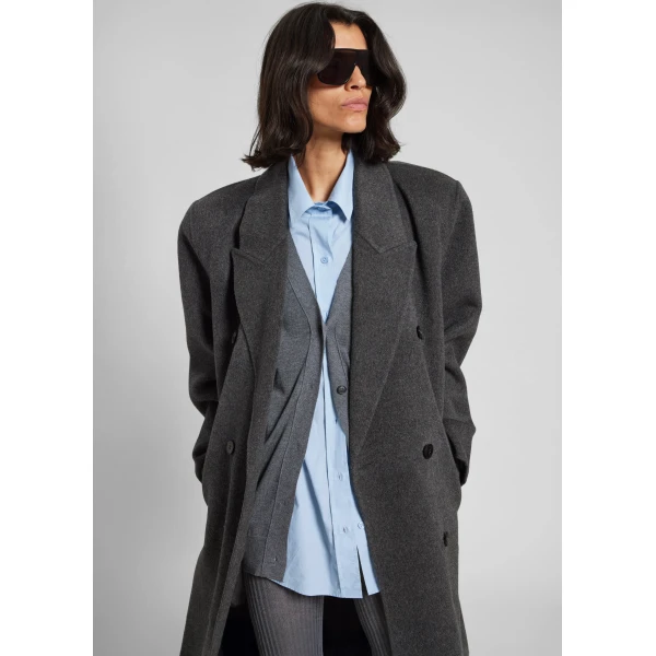 The Frankie Shop Gaia Double Breasted Coat - Dark Grey Melange - Oversized Minimalist Coats in Grey - Shop at Luxury Shoes 