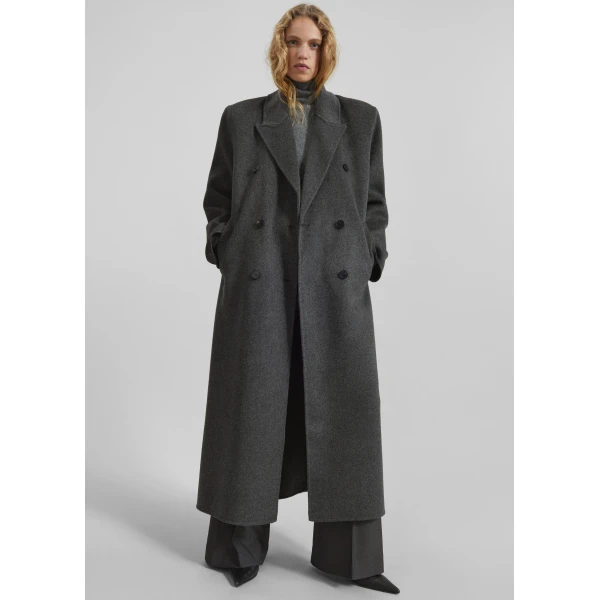 The Frankie Shop Gaia Double Breasted Coat - Dark Grey Melange - Oversized Minimalist Coats in Grey - Shop at Luxury Shoes 