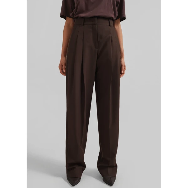 The Frankie Shop Gelso Pleated Twill Trousers - Brown - Oversized Minimalist Pants in Brown - Shop at Luxury Shoes 