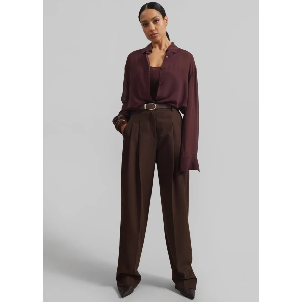 The Frankie Shop Gelso Pleated Twill Trousers - Brown - Oversized Minimalist Pants in Brown - Shop at Luxury Shoes 