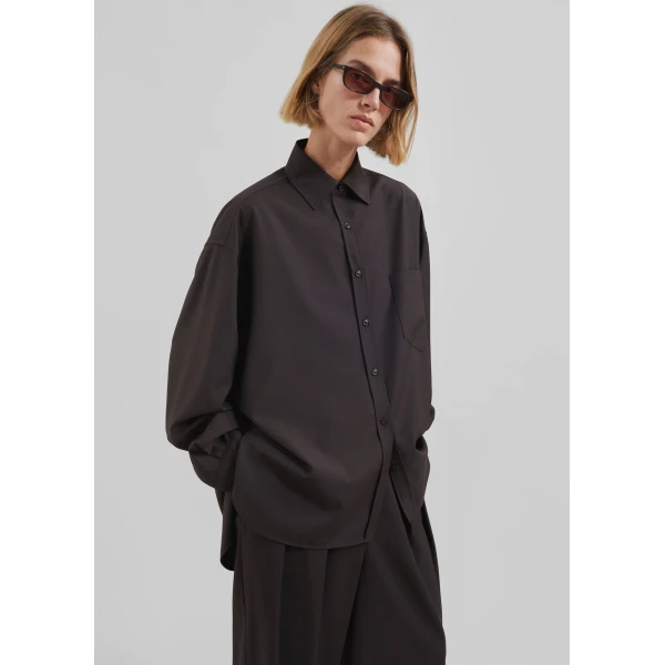 The Frankie Shop Georgia Wool Blend Shirt - Brown - Oversized Minimalist Tops in Brown - Shop at Luxury Shoes 