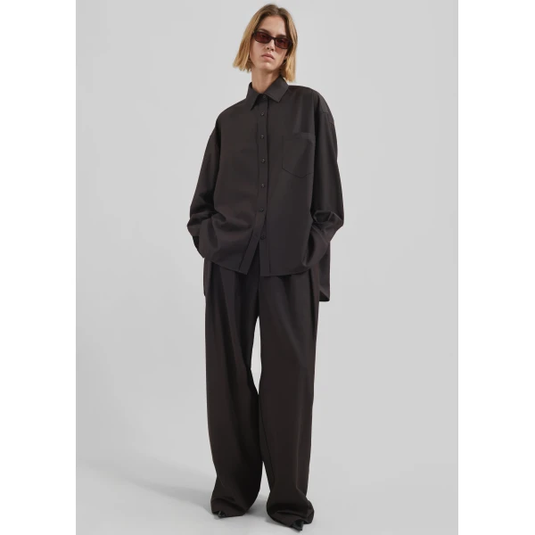The Frankie Shop Georgia Wool Blend Shirt - Brown - Oversized Minimalist Tops in Brown - Shop at Luxury Shoes 