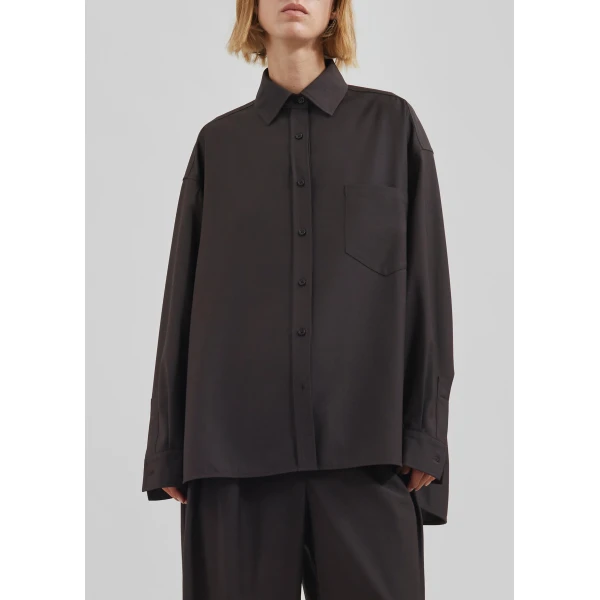 The Frankie Shop Georgia Wool Blend Shirt - Brown - Oversized Minimalist Tops in Brown - Shop at Luxury Shoes 