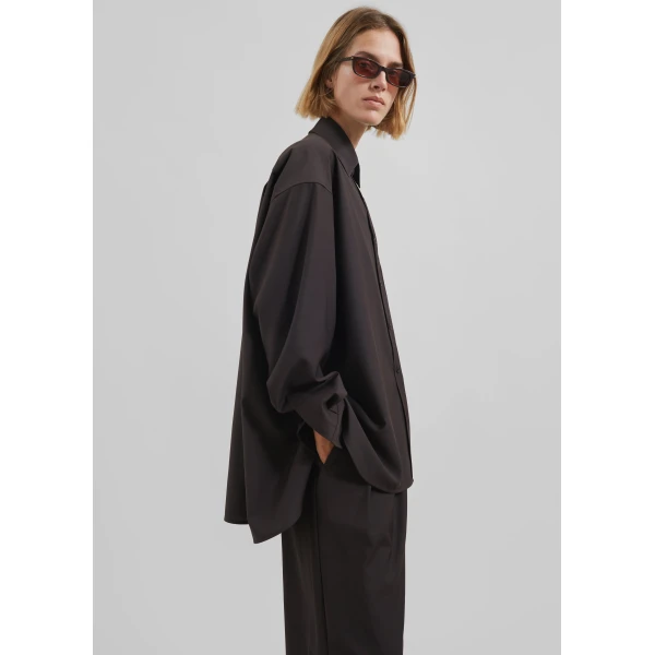 The Frankie Shop Georgia Wool Blend Shirt - Brown - Oversized Minimalist Tops in Brown - Shop at Luxury Shoes 