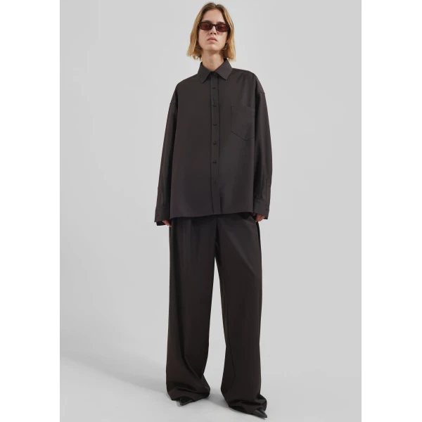 The Frankie Shop Georgia Wool Blend Shirt - Brown - Oversized Minimalist Tops in Brown - Shop at Luxury Shoes 