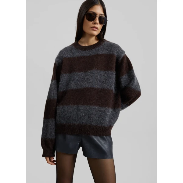 The Frankie Shop Gimel Mohair Sweater - Grey/Brown Stripe - Oversized Minimalist Knitwear in Brown - Shop at Luxury Shoes 