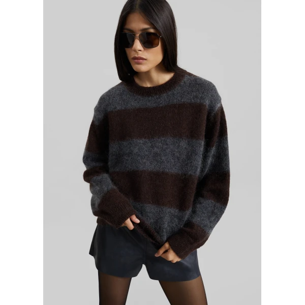 The Frankie Shop Gimel Mohair Sweater - Grey/Brown Stripe - Oversized Minimalist Knitwear in Brown - Shop at Luxury Shoes 