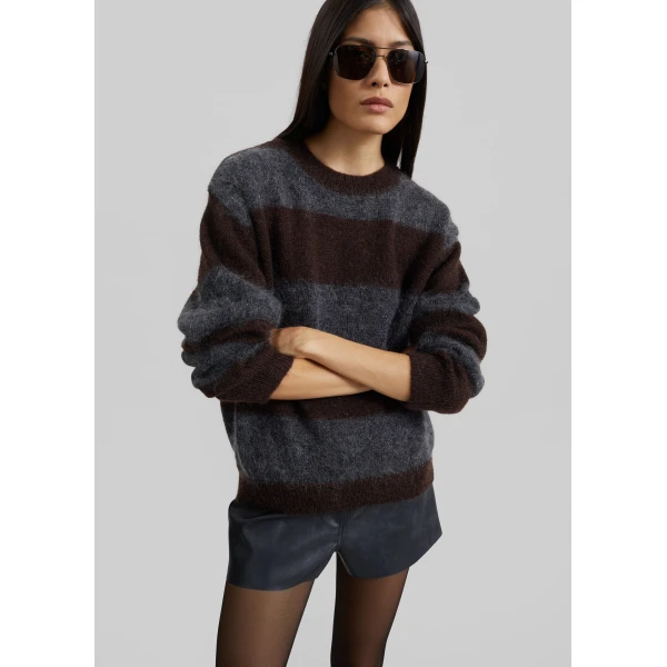 The Frankie Shop Gimel Mohair Sweater - Grey/Brown Stripe - Oversized Minimalist Knitwear in Brown - Shop at Luxury Shoes 