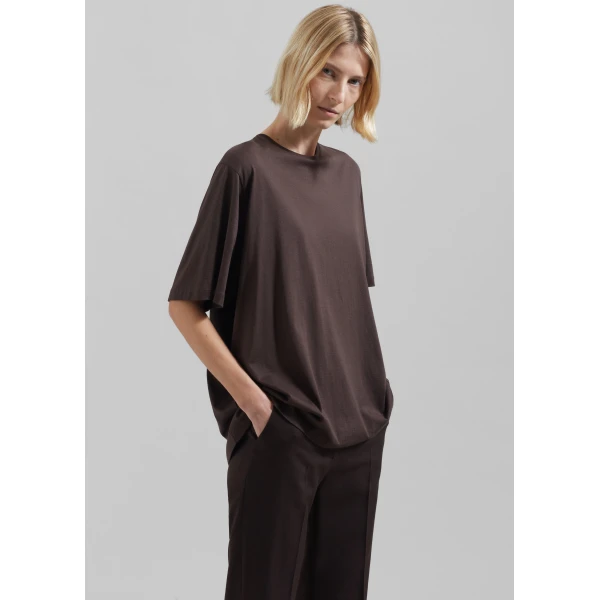 The Frankie Shop Harper Soft Organic T-Shirt - Brown - Oversized Minimalist Tops in Brown - Shop at Luxury Shoes 