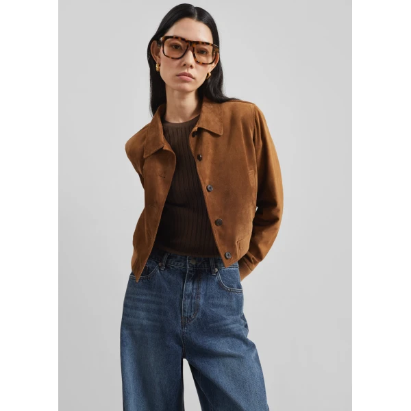 The Frankie Shop Hartford Suede Short Jacket - Dark Camel - Oversized Minimalist Jackets in Brown - Shop at Luxury Shoes 