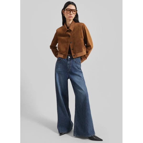 The Frankie Shop Hartford Suede Short Jacket - Dark Camel - Oversized Minimalist Jackets in Brown - Shop at Luxury Shoes 
