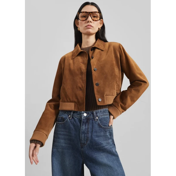 The Frankie Shop Hartford Suede Short Jacket - Dark Camel - Oversized Minimalist Jackets in Brown - Shop at Luxury Shoes 