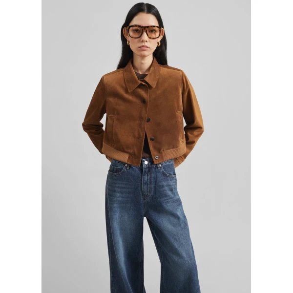 The Frankie Shop Hartford Suede Short Jacket - Dark Camel - Oversized Minimalist Jackets in Brown - Shop at Luxury Shoes 