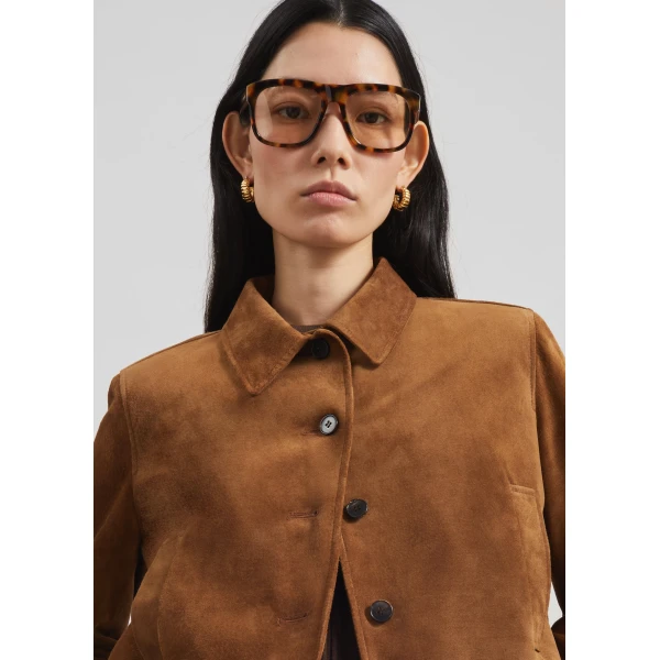 The Frankie Shop Hartford Suede Short Jacket - Dark Camel - Oversized Minimalist Jackets in Brown - Shop at Luxury Shoes 