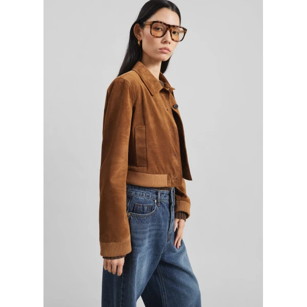 The Frankie Shop Hartford Suede Short Jacket - Dark Camel - Oversized Minimalist Jackets in Brown - Shop at Luxury Shoes 