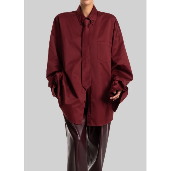 The Frankie Shop Havelock Oversized Neck-Tie Shirt - Dark Red - Oversized Minimalist Tops in Red - Shop at Luxury Shoes 