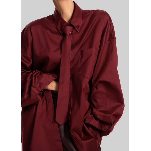 The Frankie Shop Havelock Oversized Neck-Tie Shirt - Dark Red - Oversized Minimalist Tops in Red - Shop at Luxury Shoes 