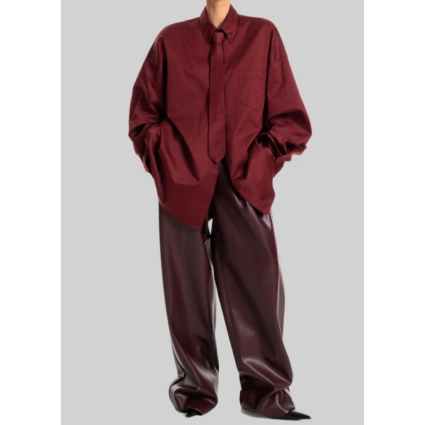 The Frankie Shop Havelock Oversized Neck-Tie Shirt - Dark Red - Oversized Minimalist Tops in Red - Shop at Luxury Shoes 