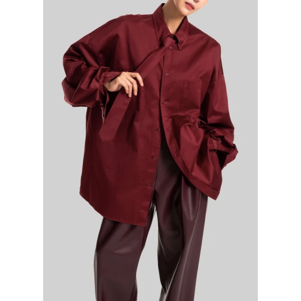 The Frankie Shop Havelock Oversized Neck-Tie Shirt - Dark Red - Oversized Minimalist Tops in Red - Shop at Luxury Shoes 