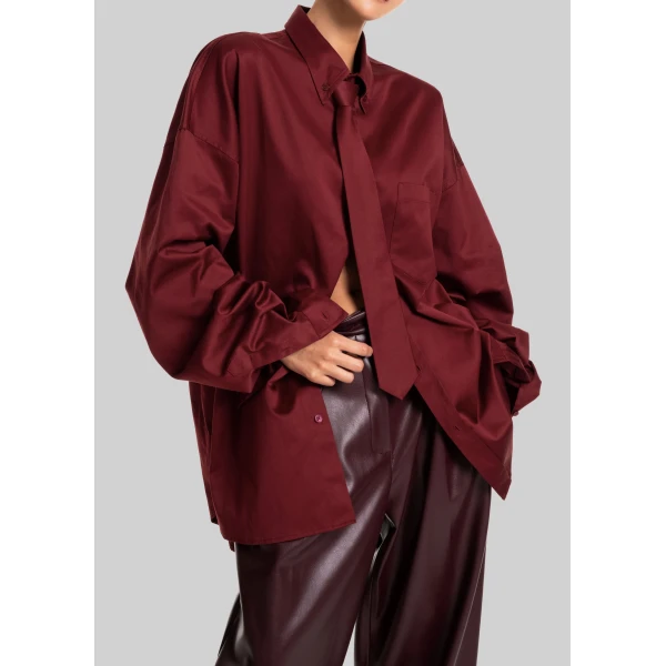 The Frankie Shop Havelock Oversized Neck-Tie Shirt - Dark Red - Oversized Minimalist Tops in Red - Shop at Luxury Shoes 