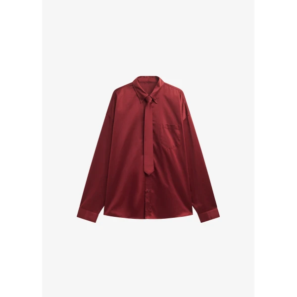 The Frankie Shop Havelock Oversized Neck-Tie Shirt - Dark Red - Oversized Minimalist Tops in Red - Shop at Luxury Shoes 