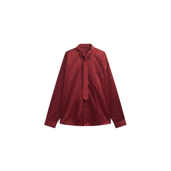 The Frankie Shop Havelock Oversized Neck-Tie Shirt - Dark Red - Oversized Minimalist Tops in Red - Shop at Luxury Shoes 