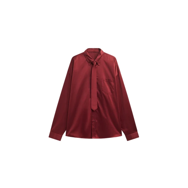 The Frankie Shop Havelock Oversized Neck-Tie Shirt - Dark Red - Oversized Minimalist Tops in Red - Shop at Luxury Shoes 